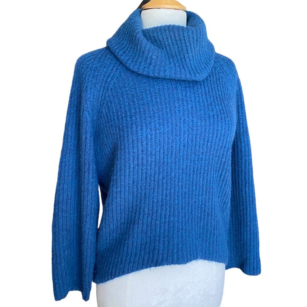 J. Crew Point Sur Blue Wool Mohair Blend Cowl Sweater Shaker Rib Knit Chunky-XS